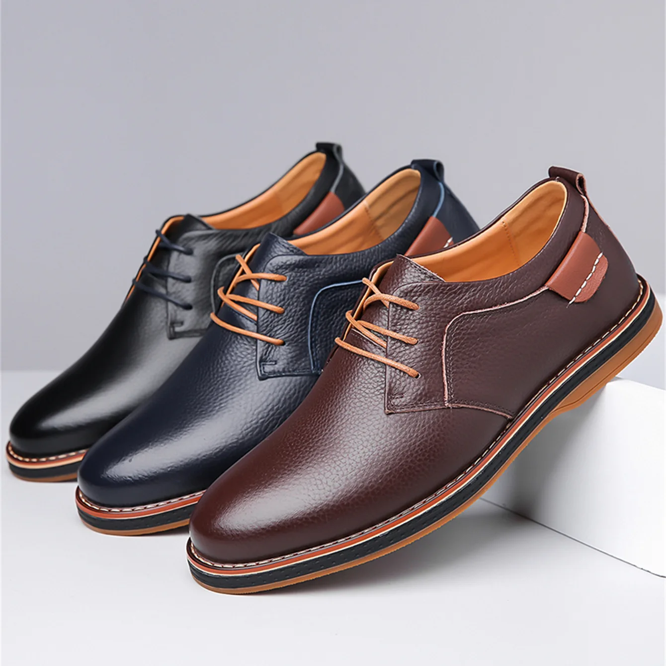 New Men's Handmade Stitched Derby Shoes Genuine Leather Comfortable Soft Sole Big Size Business Casual Lace Up Office Footwear