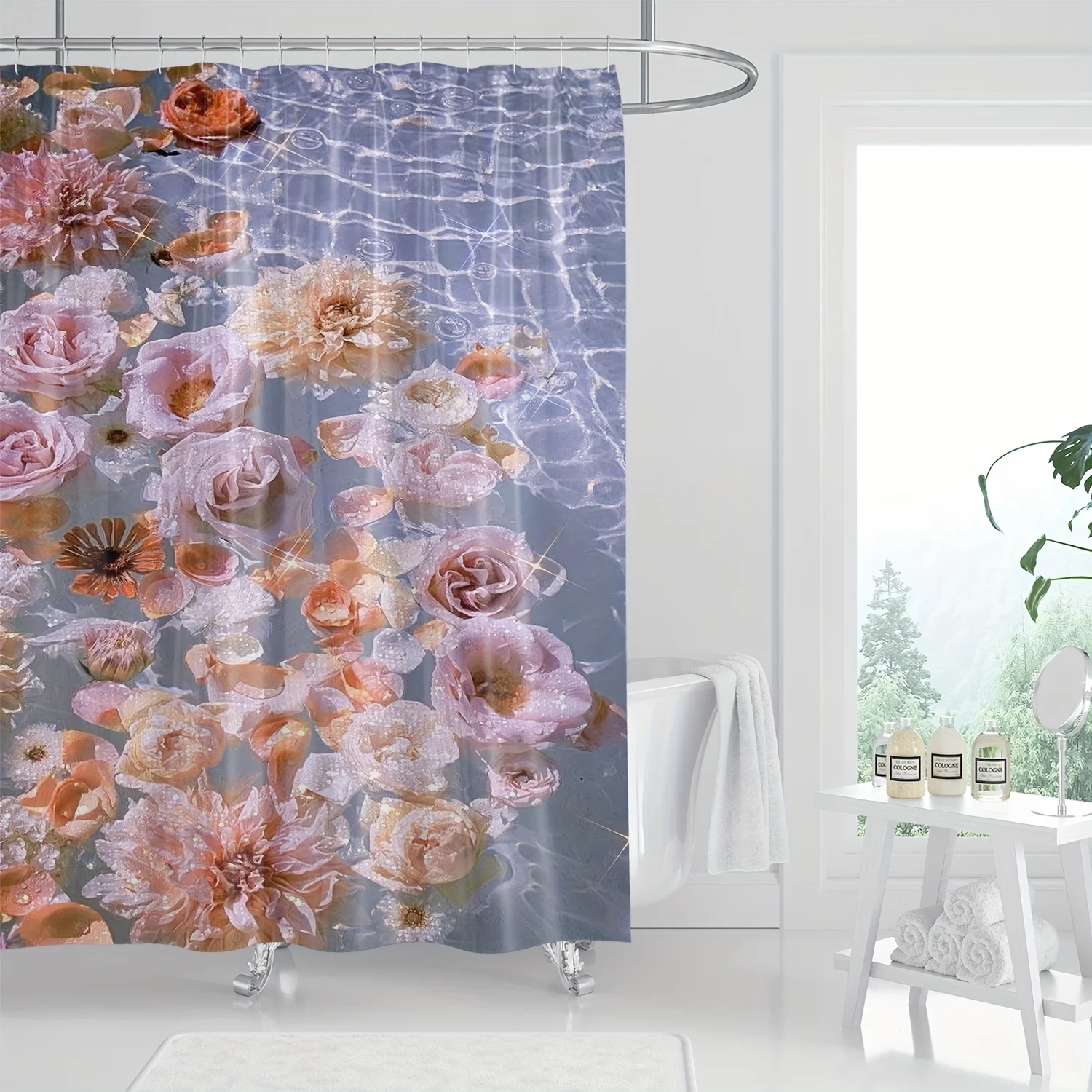 

1 шт. Элегантная занавеска для душа с цветочным принтом и морским пейзажем — современный цифровой принт, полиэстер, можно стирать в машине, входят крючки, идеально подходит для ванны