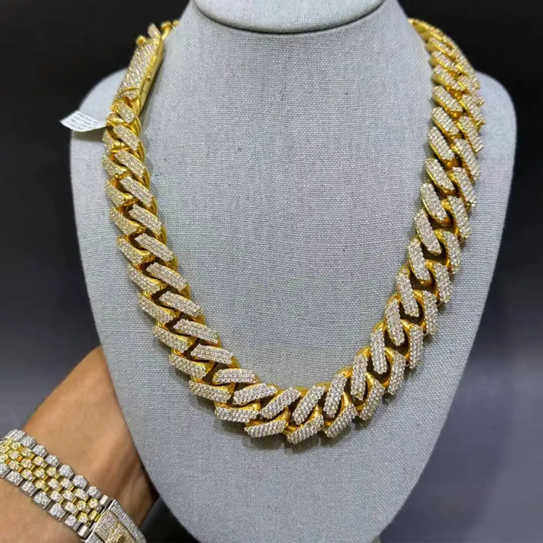 Fashion Best Selling Gold Plated 18MM VVS Moissanite Sterling Silver Cuban Link Chain Iced Out Hip Hop Style Unisex Miami Neckla