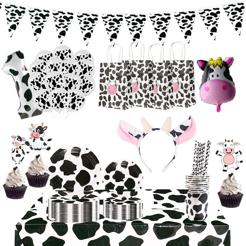 

Farm Cow Theme Party Disposable Set Paper Cup Plate Tablecloth Birthday Party Decoration Baby Shower Kids Cow Party Supplies