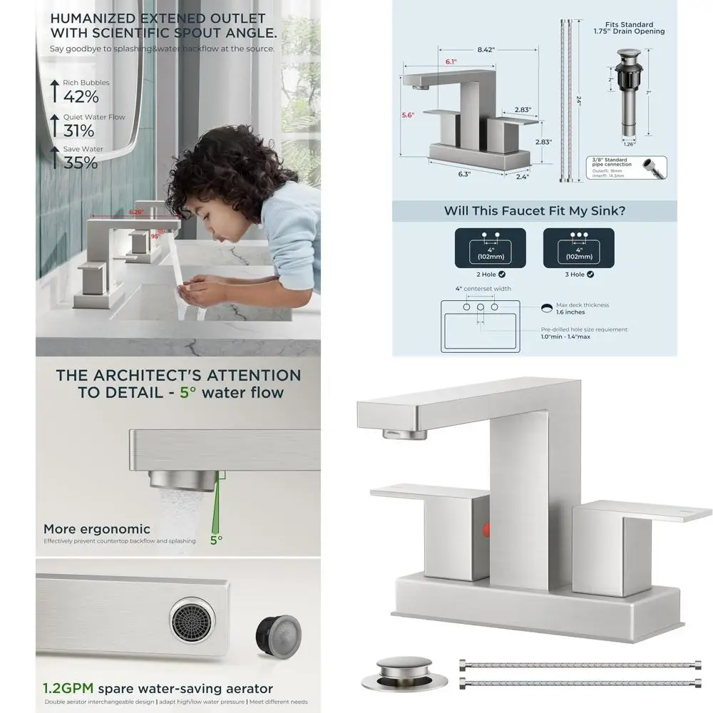 

Смеситель для ванной комнаты с центральным креплением, 4 дюйма, с двумя рукоятками, квадратной никелированной отделкой и металлическим сливным механизмом