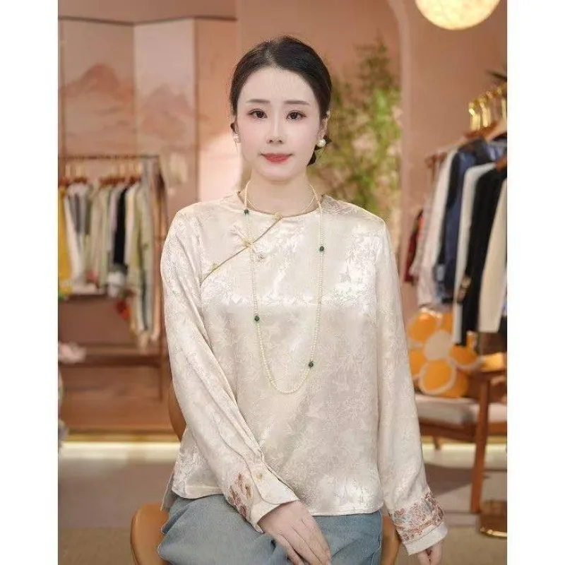 Chinese premium satin button-up jacquard shirt 2026 spring and autumn new temperament long-sleeved national style top base
