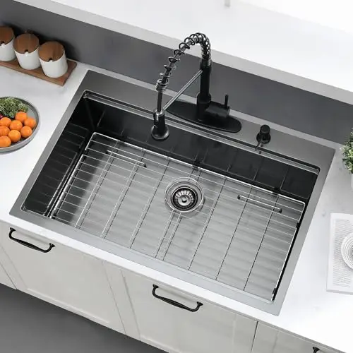

33x19 Inch Top Mount Single Bowl Stainless Steel Sink, 16 Gauge Black, 10 Inch Deep With Built-In Ledge And Grid Rack
