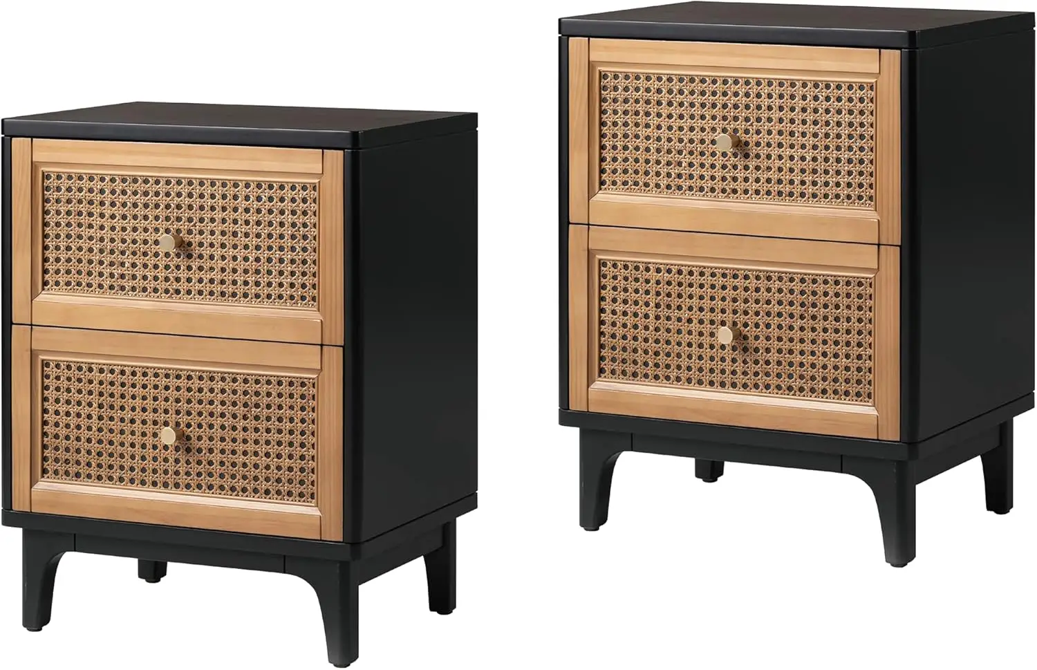 

Set Of 2 Fully-Assembled 2-Drawer Woven Cane Front Accent Nightstand With Brass Knobs, Black
