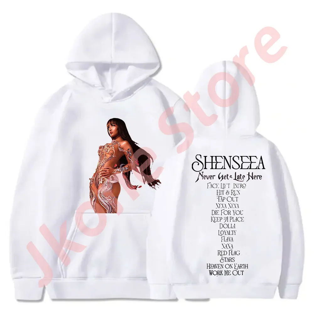 Толстовки Shenseea никогда не опаздывает здесь, Merch, косплей, женская, мужская мода, повседневная Уличная одежда, свитшоты