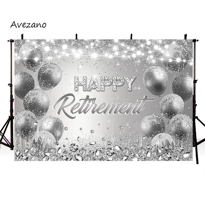 Avezano Happy Retirement Backdrop Silver Balloon Glitter Photography Background Party Decoration Birthday Photocall Custom Text