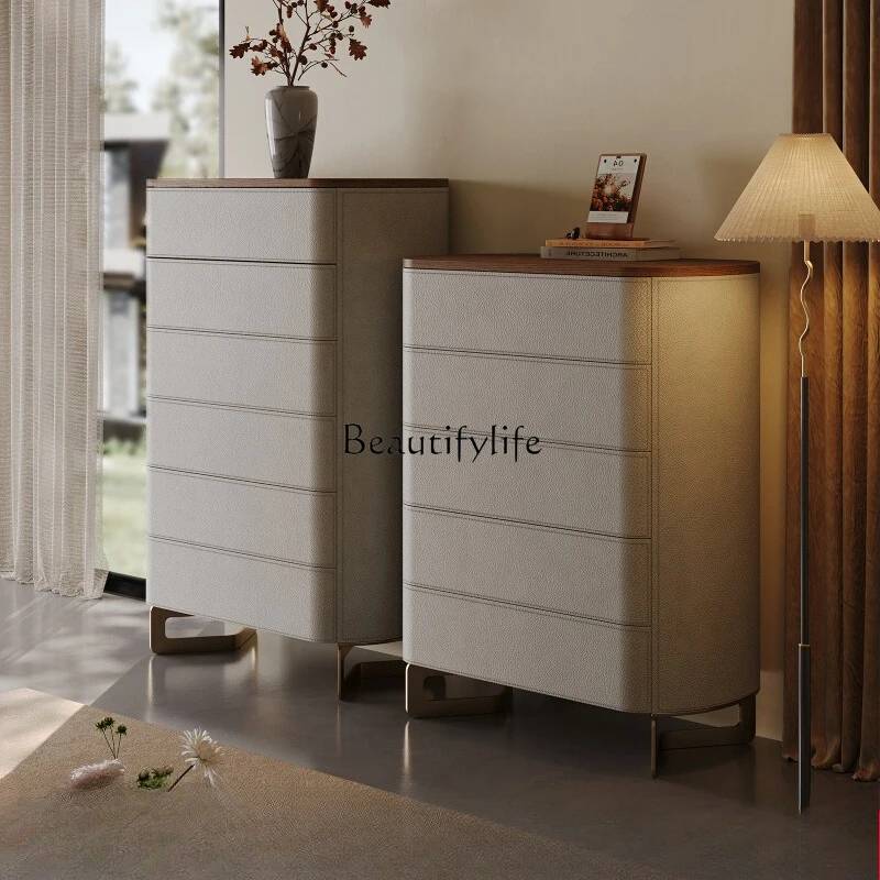 09Master bedroom solid wood saddle leather chest six cabinets combination light high sense bedside locker