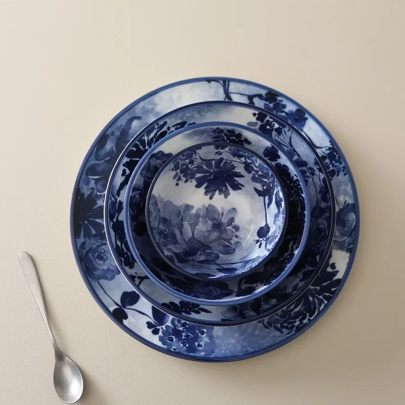 Nordic Ins Blue and White Porcelain Plate Ornaments Living Room Dining Table Kitchen Rice Bowl Deep Plate Noodle Bowl Decoration