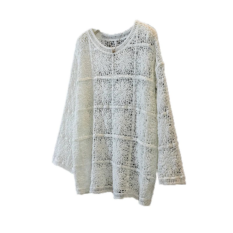 Bohemian round Neck Knitted Hollow out Sweater Women's Loose Fit Casual Style Cotton Blend Outerwear Medium Length