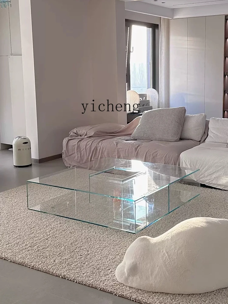 XL Glass Coffee Table Italian Art Square Living Room Low Table Tempered Glass Tea Table