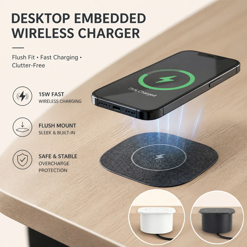 15W Built-in Wireless Charger Flush Mount Desktop Charging Station Black White US EU UK Plug Fast Charge for Office Home