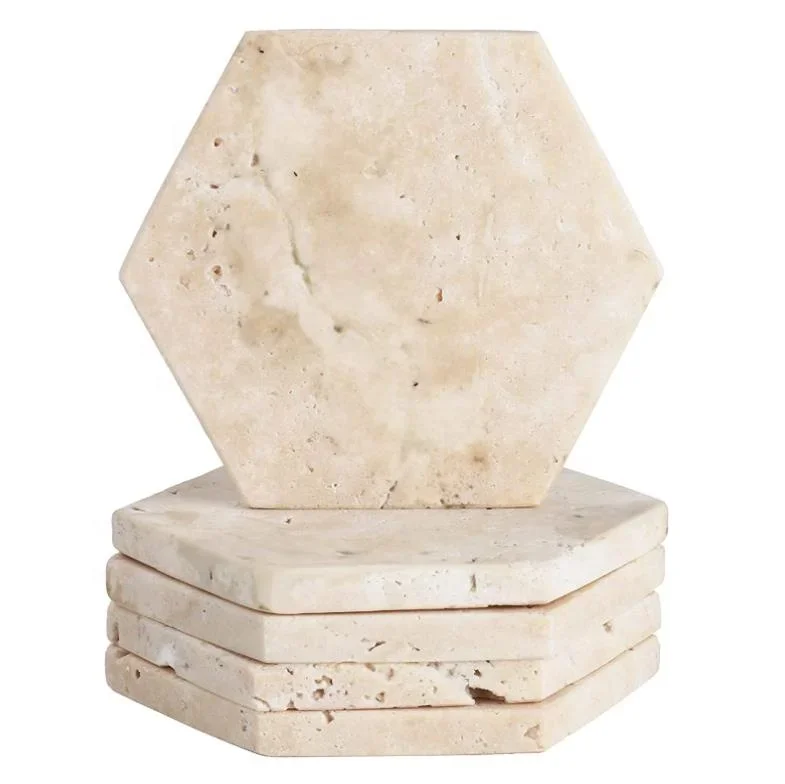 Customized Wholesale 1pcs Retro Hexagonal Marble Coaster Natural Cream Travertine Stone Drink Coaster Vintage