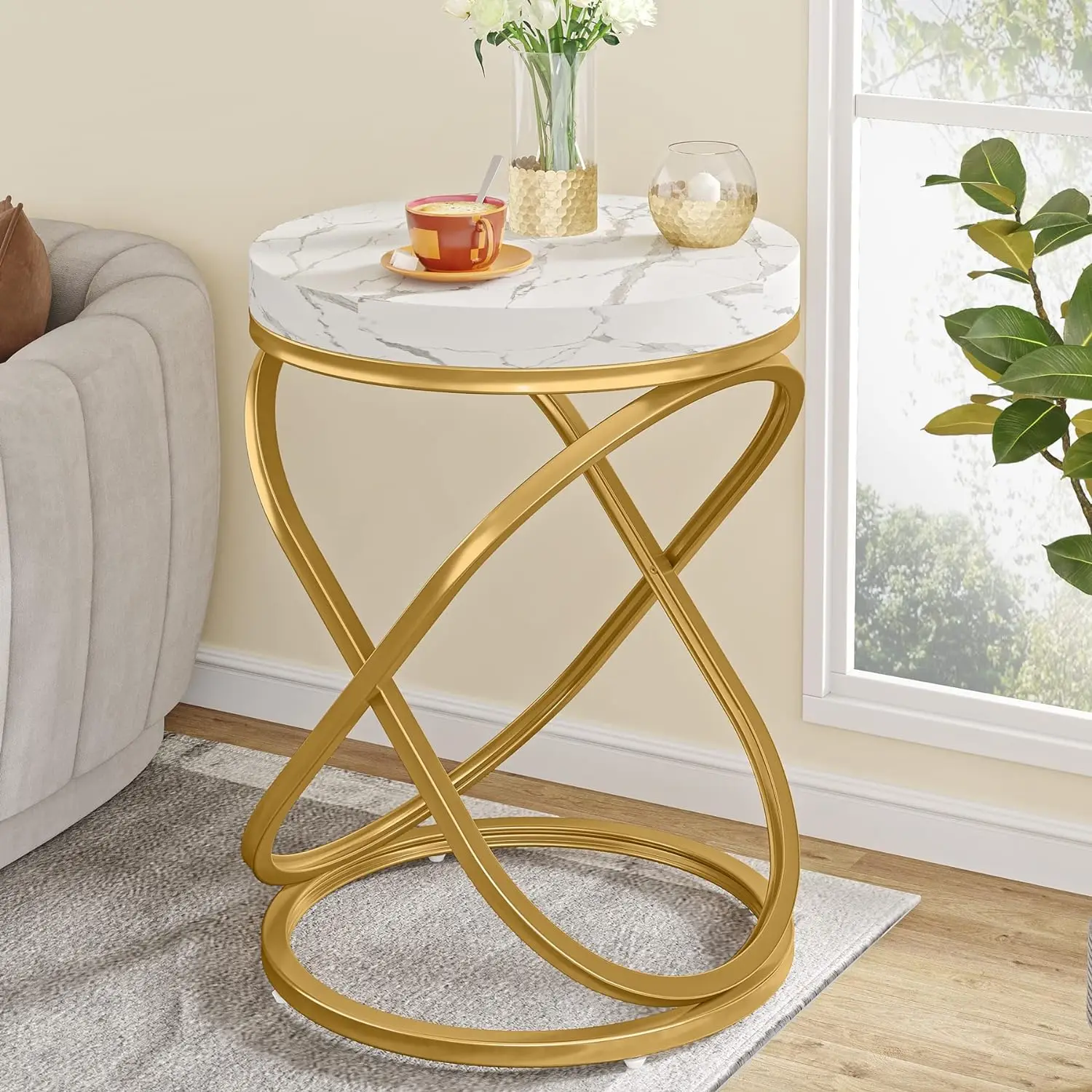 Comfort corner 26 Inches White and Gold Faux Marble Top End Tables Living Room, Round Nightstands Sofa Side Table