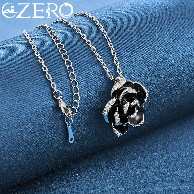 ALIZERO 925 Sterling Silver Black Rose Zircon Pendant Necklace 16-30Inch Chain For Woman Wedding Engagement Party Jewelry Gifts