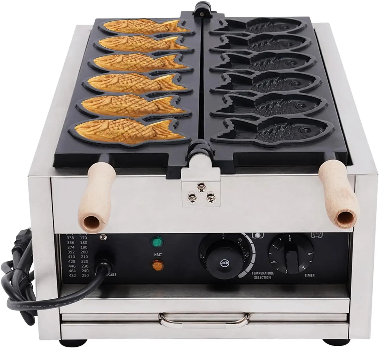 Máquina para hacer gofres de pescado Taiyaki de 3000W, máquina para hacer gofres eléctrica antiadherente de 6 moldes, conos de gofres en forma de pez para panadero Taiyaki con sin Sti