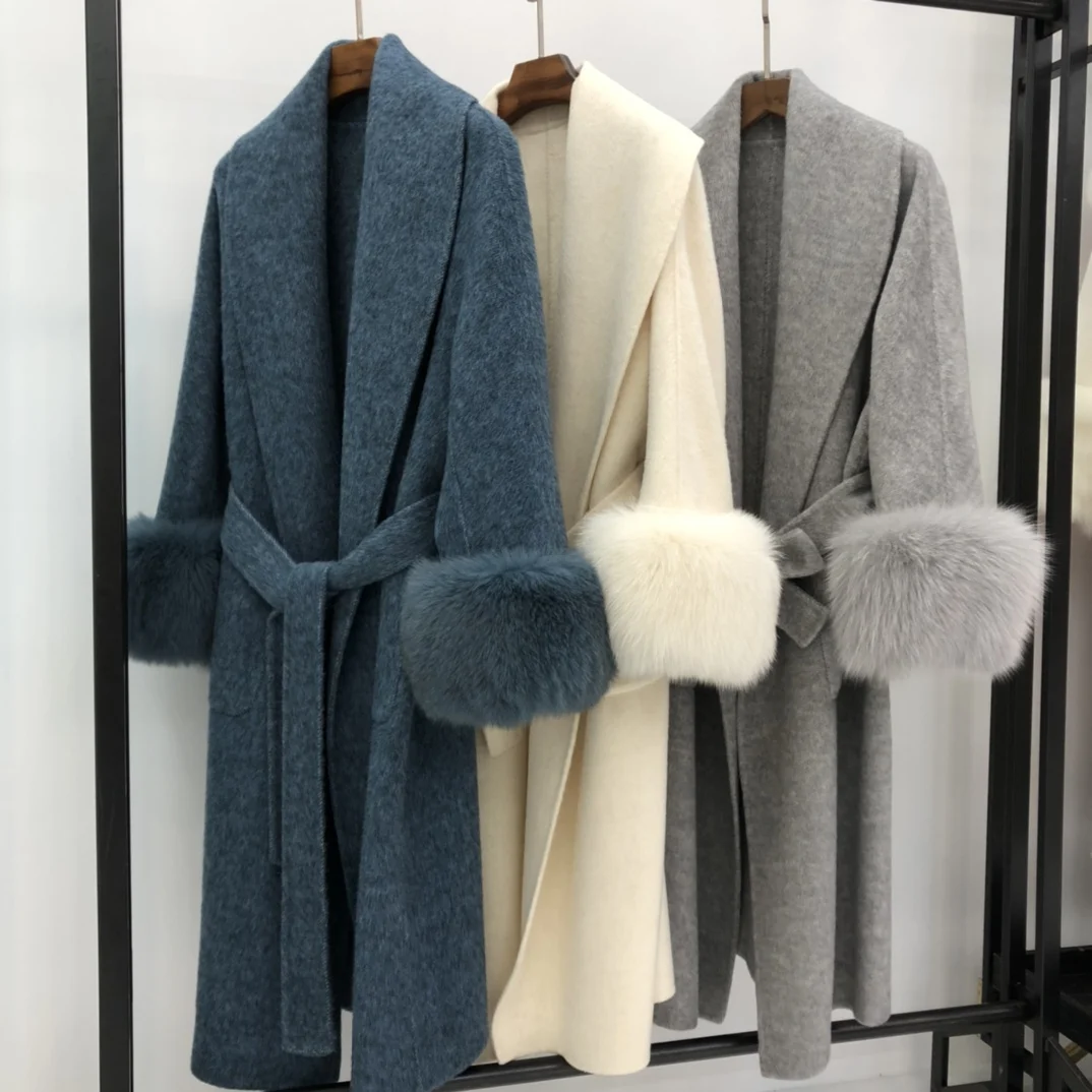 

2024 Women Winter Wool Coats Luxury Double-Sided Cashmere Trench Coats Long Fox Fur Cuff Outerwear