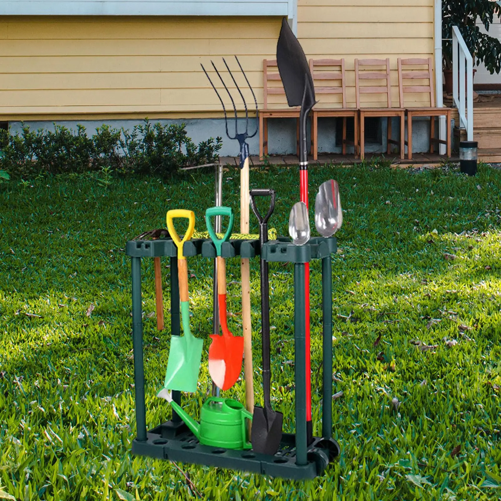 

Garden Tool Organizer Easy to Assemble with Roller for Outside Garage Shed