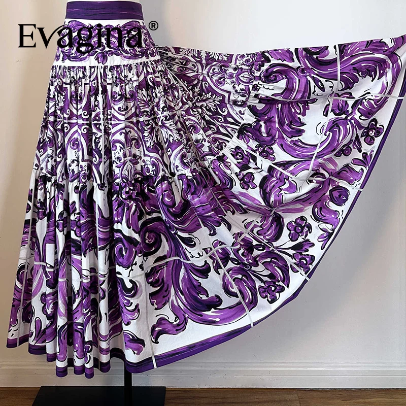 Evagina 2025 Otoño e Invierno Falda con volantes de viaje en la playa con estampado de cerámica púrpura Falda de cintura alta de algodón