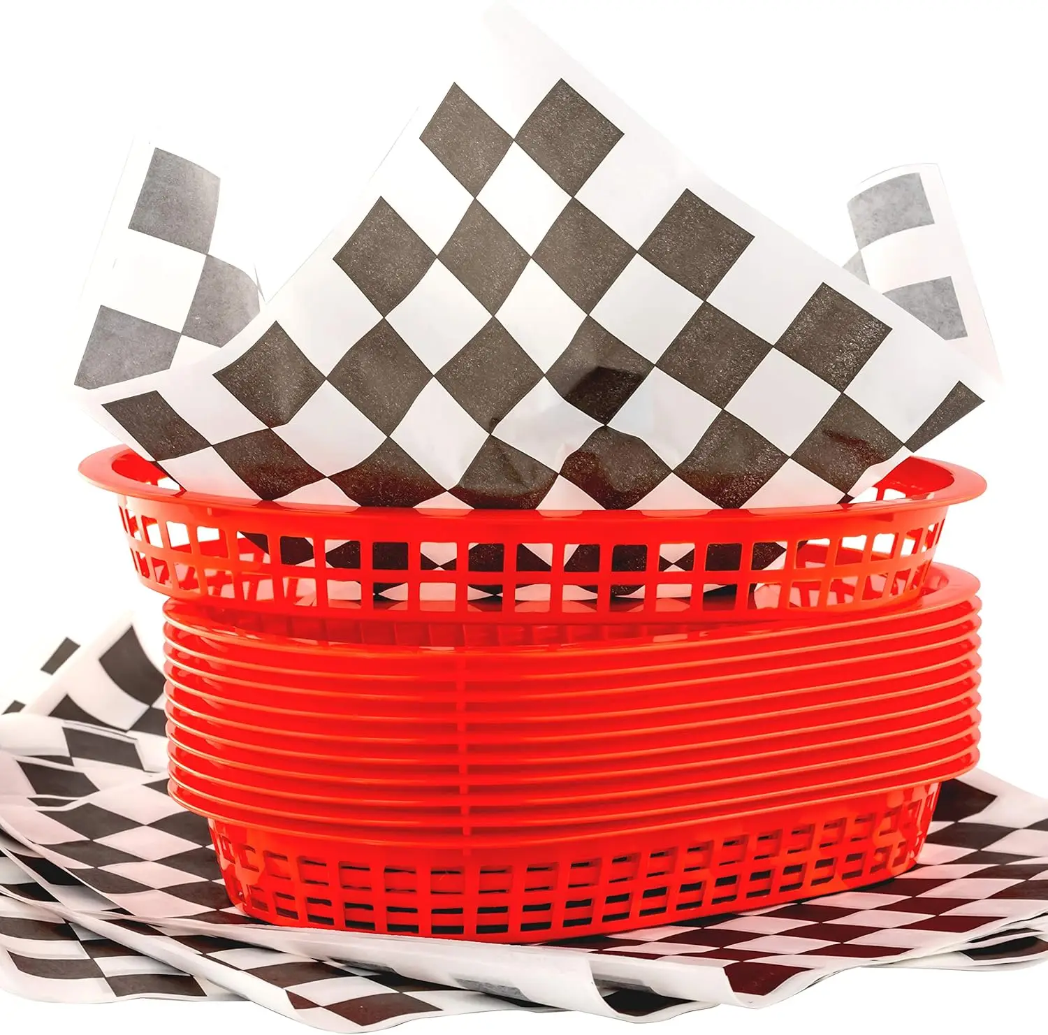 

Retro Red Fast Food Basket 6 Pack with Black Checkered Liners 60 Pack Combo, 11 Inch Deli Baskets Microwavable Dishwasher Safe