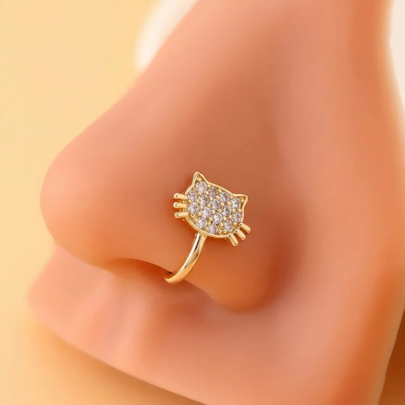 1-piece set of women's fashionable inlaid synthetic zircon cat head U-shaped nose clip, non perforated and adjustable