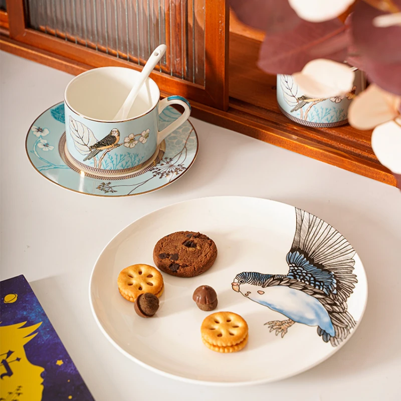 Nordic Style Bone China Coffee Cup and Plate Set European Style Parrot Dinner Plate Afternoon Tea Cup Exquisite Dessert Plate