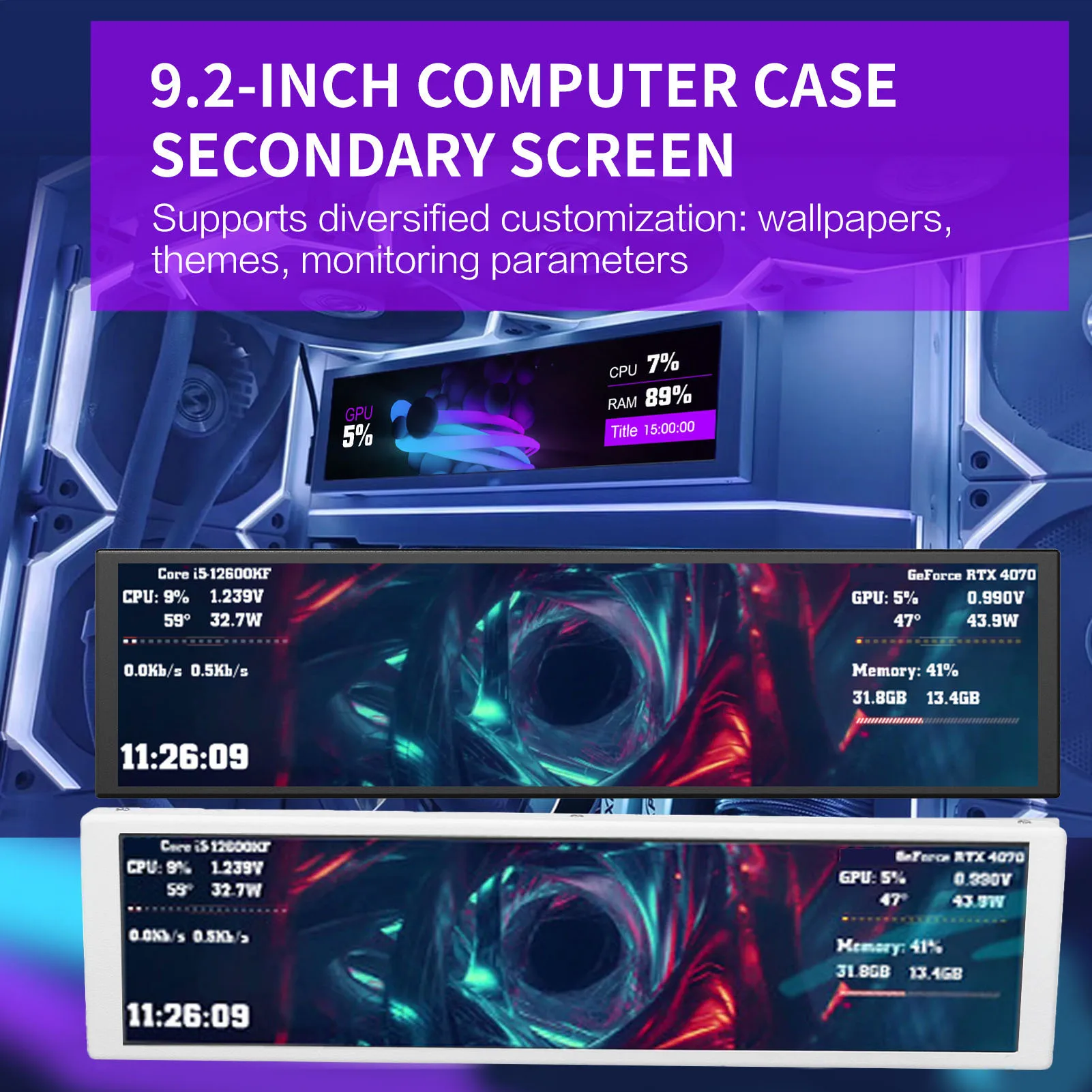 9.2in Computer Case Secondary Screen Landscape Portrait Mode Dynamic Video Theme FHD 1920x462 PC CPU GPU Temperature Display