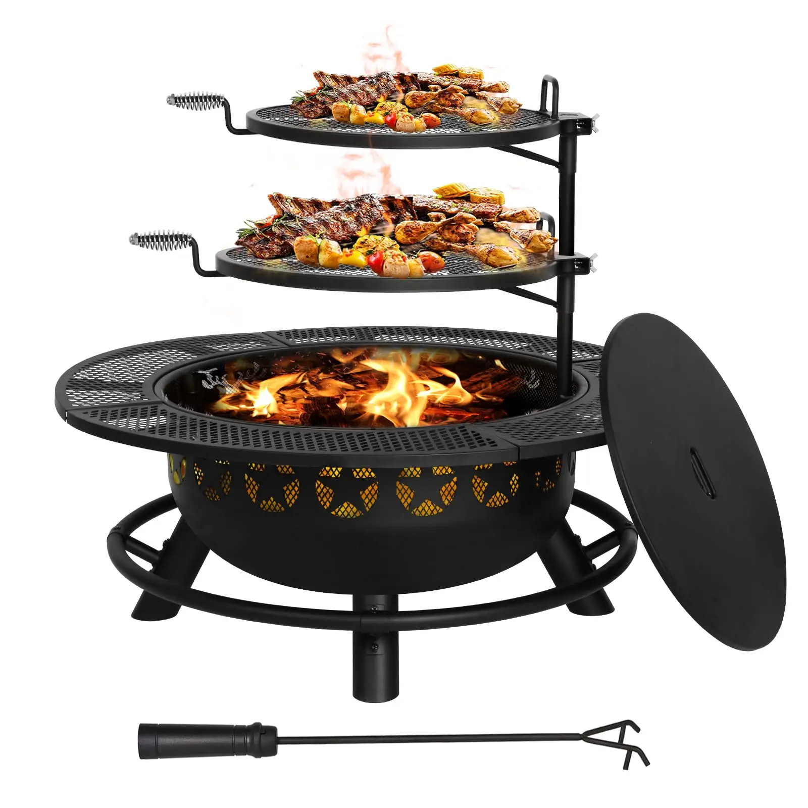 35 Inch Fire Pit with 2 Cooking Grate & Charcoal Pan, Outdoor Wood Burning BBQ Grill Firepit Bowl with Cover Lid, Steel