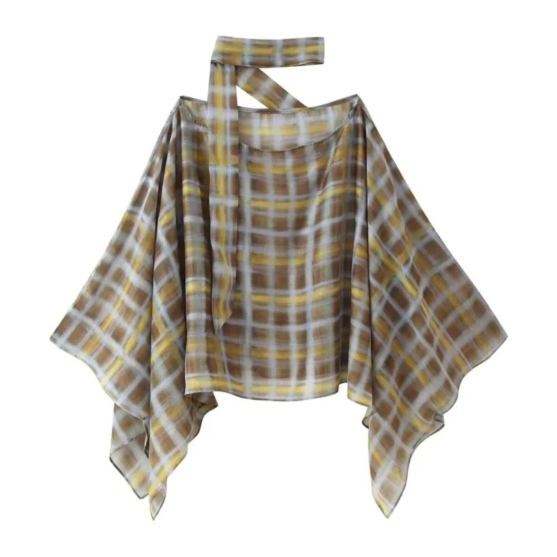 여성 체크무늬 스카프와 망토 세트 가을 비대칭 밑단 미디 스커트 투피스 O넥 긴팔 캐주얼 여성 의상