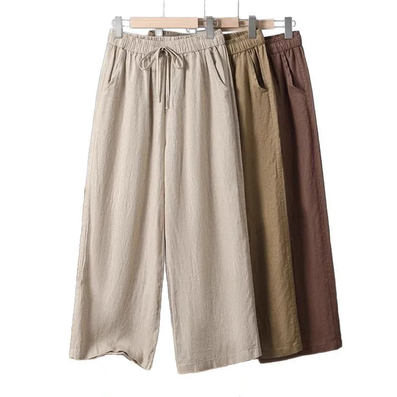 XIZOU Casual Cotton Linen Wide Leg Pants Women's Summer New Sle Slimming Loose Straight Tube Linen Nine Points Pants
