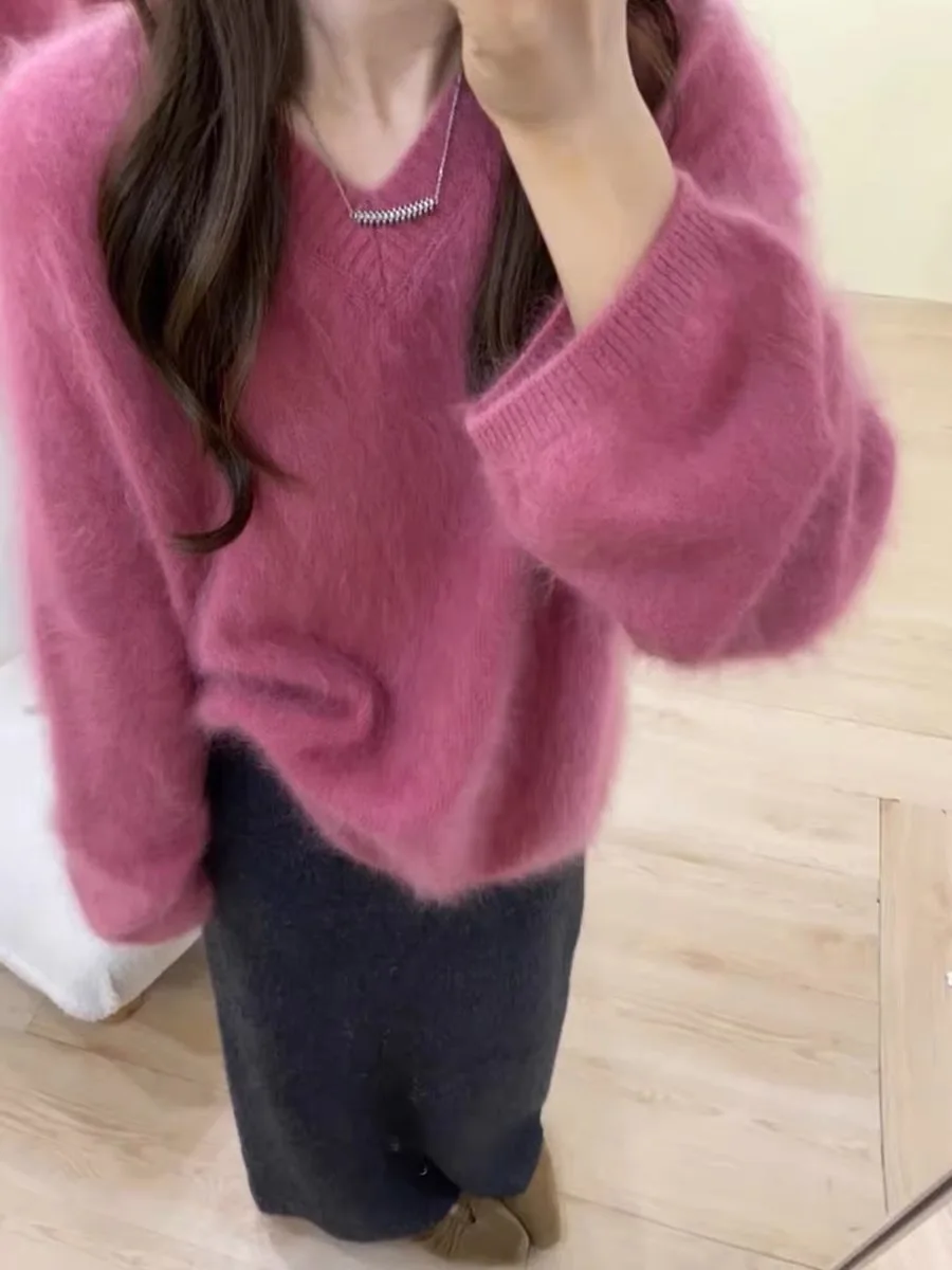 

Pink V-Ne Sweater Women's Loose Comfortable Knitted Top Spring Autumn Soft Warm Long Sve round Ne Basic Sle
