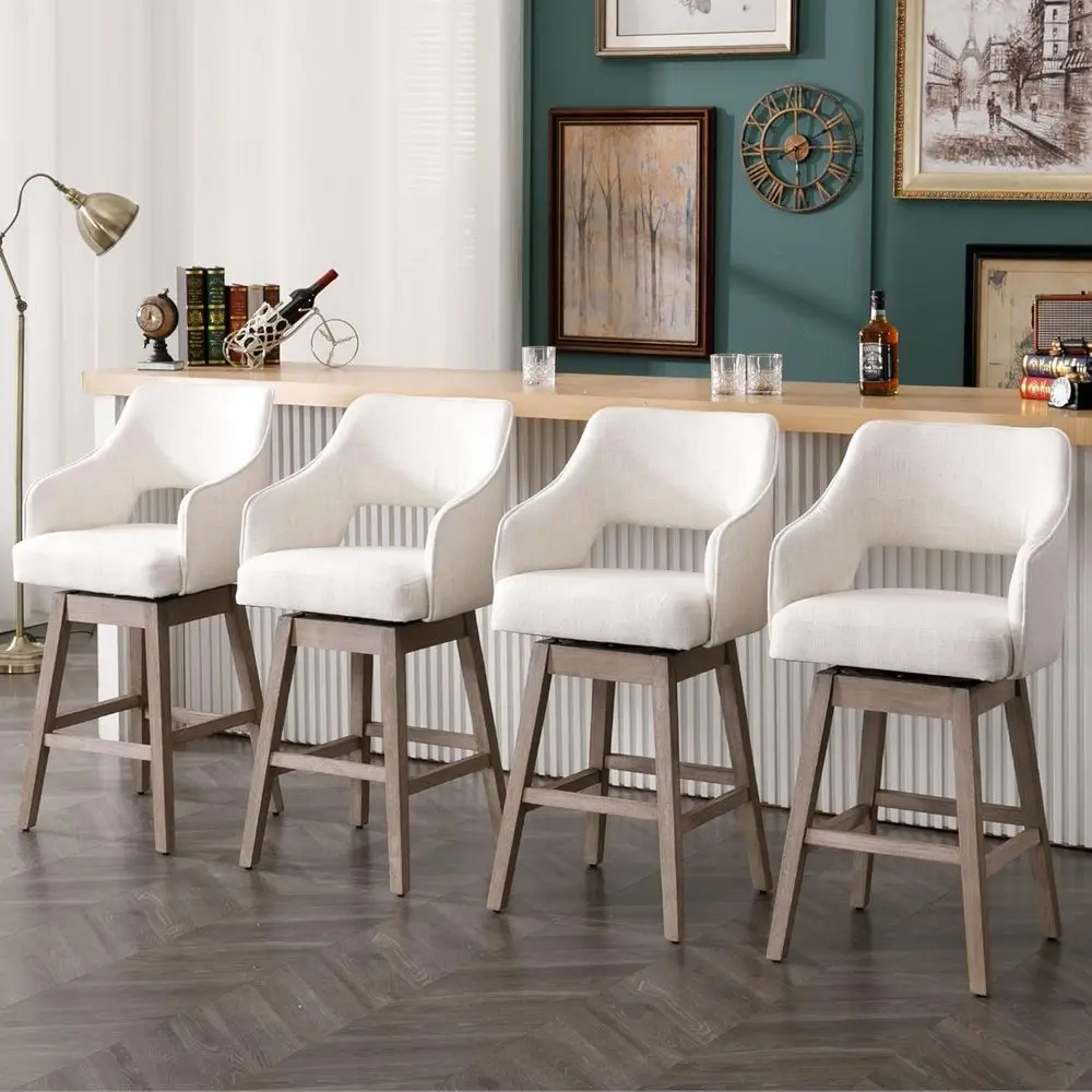 

Set of 4 Linen Fabric Swivel Bar Stools with High Back and Upholstered Seat for Kitchen Island or Counter, Beige