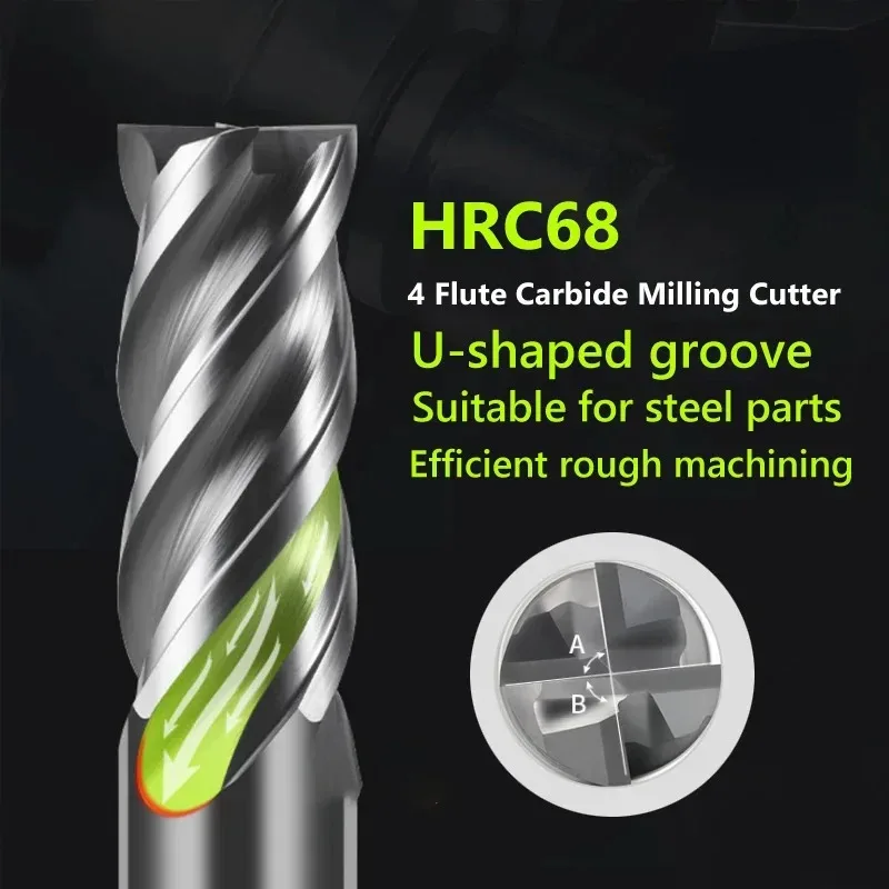 CNC HRC68 Carbide End Mill Unequal Helix Tungsten U-groove Cutter 4 Flute Metal Steel Machining Tool Router Bit Milling Cutter