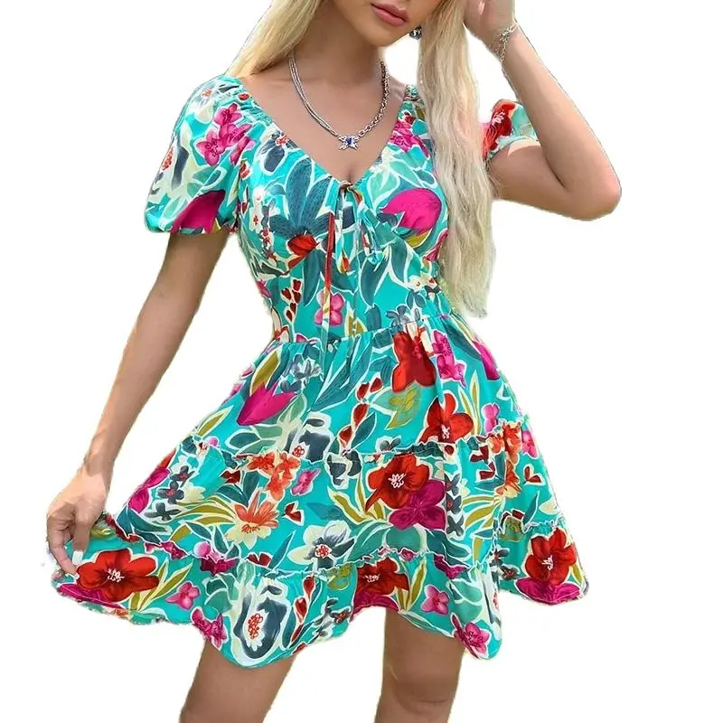 

Dresses For Women Flower Printed Dress Spring Bubble Short Sleeves V Neck Short Dress Elegant Ruffled Backless Skirt For Female