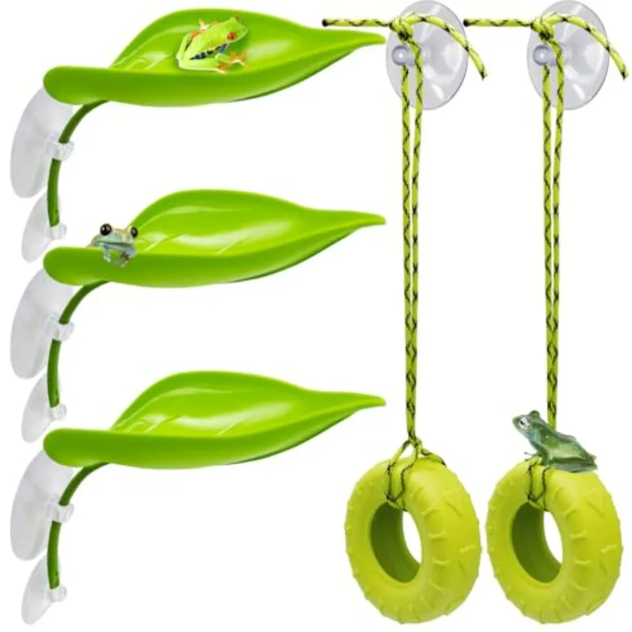 

Tree Frog Habitat Toy Plastic Leaf Decorations Tire Swing Habitat Miniature with Suction Cups Frog Habitat Platform Terrarium D