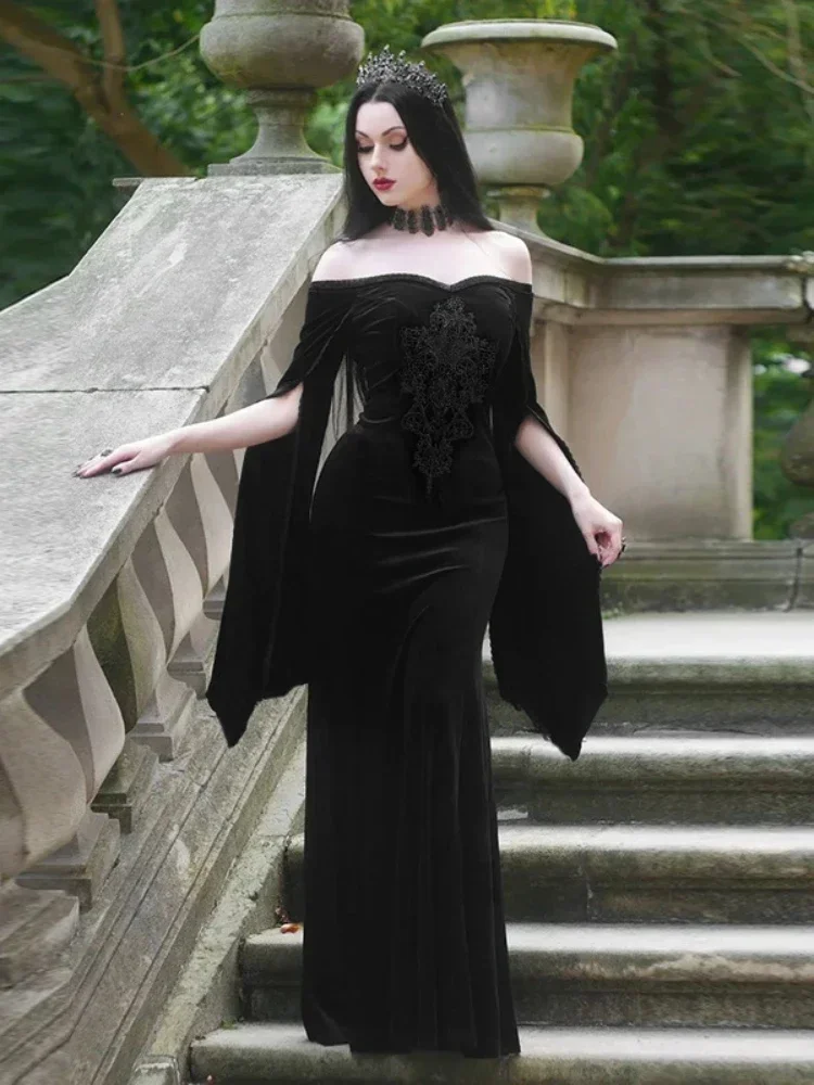 Mall Gothic Dark กํามะหยี่ชุดผู้หญิง Elegante ความงาม Fairycore Grunge เย็บปักถักร้อยปิดไหล่ Flare Sleeve Dreses