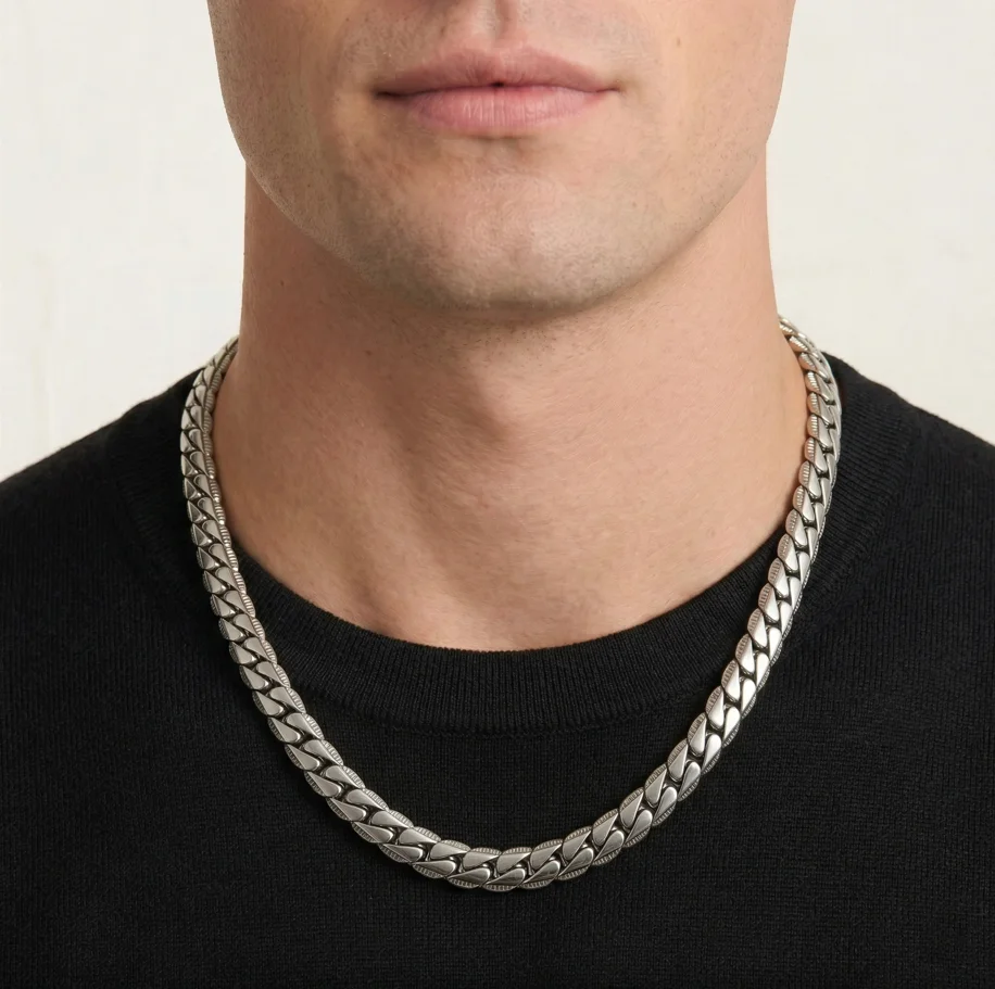 Necklace for Man Minimalist NK Pressed Link, 8mm Heavy Duty Cuban Curb Chain 58cm, Tarnish Free Gold Silver Steel Jewelry for Me