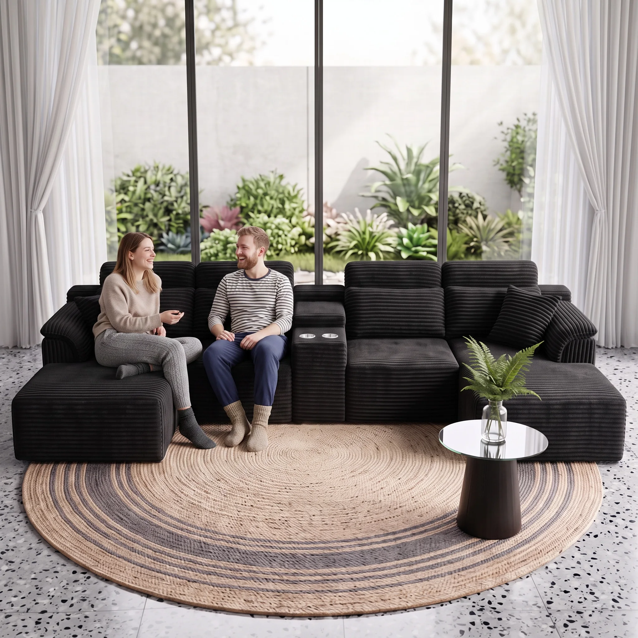 Modern Modular U-Shaped Sectional Sofa, Compressed Corduroy Couch with Storage Console & Cup Holders, Fluffy Deep Seating Living Room Furniture, Easy to Transport