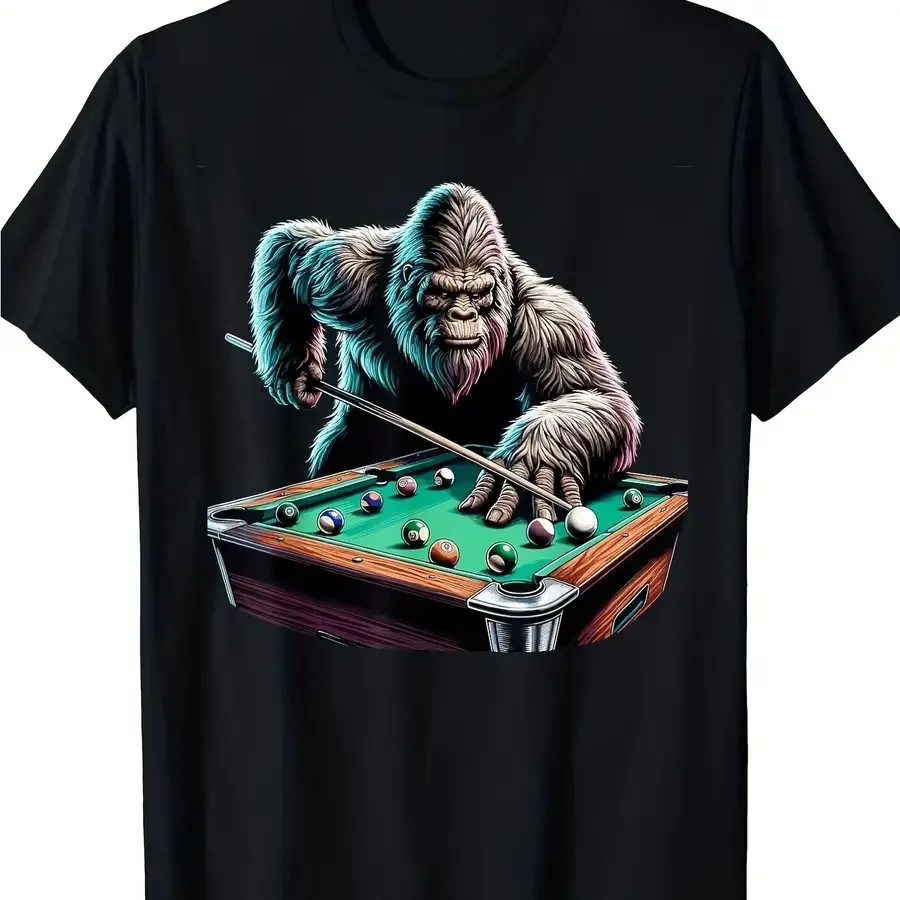 [ Graphic T Shirt] 100% Men's Fun Sasquatch Pool Player Graphic T Shirt Short Sleeve Black with Vibrant Billiards Design Casual
