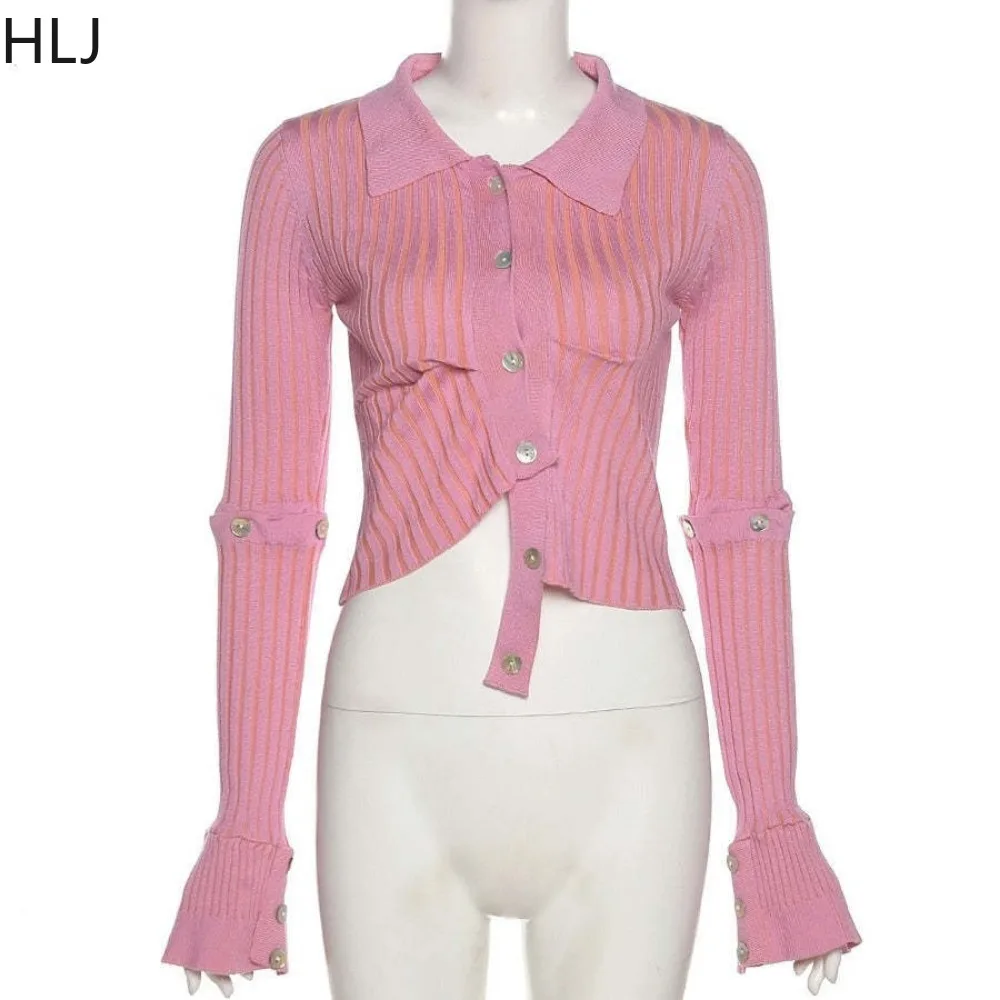 HLJ Pink Fashion Ribber Knitting Tops Women V Neck Long Sleeve Button Slim Clothing Sexy Female Solid Elasticity Top Streetwear