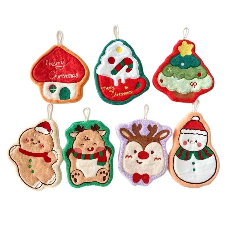 Hot Sale Water Absorption Christmas Hand Towels Quick-drying Coral Fleece Christmas Tree Handkerchiefs Cleaning Hanging