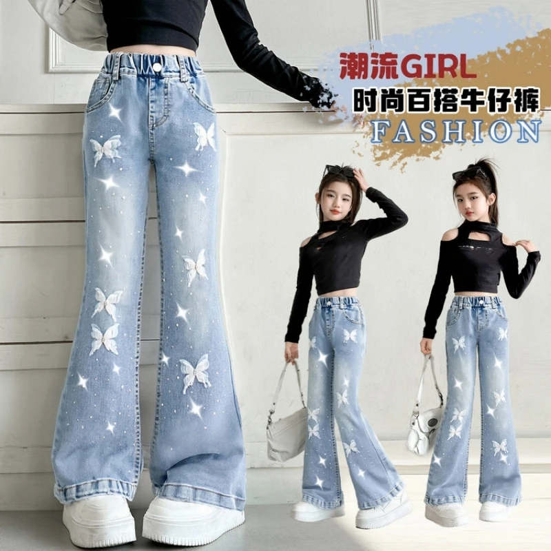 Girls' Rhinestone Micro-Flare Jeans | 3D Butterfly Embroidered Bell-Bottoms | 2026 Summer New Arrival | Summer Long Pants