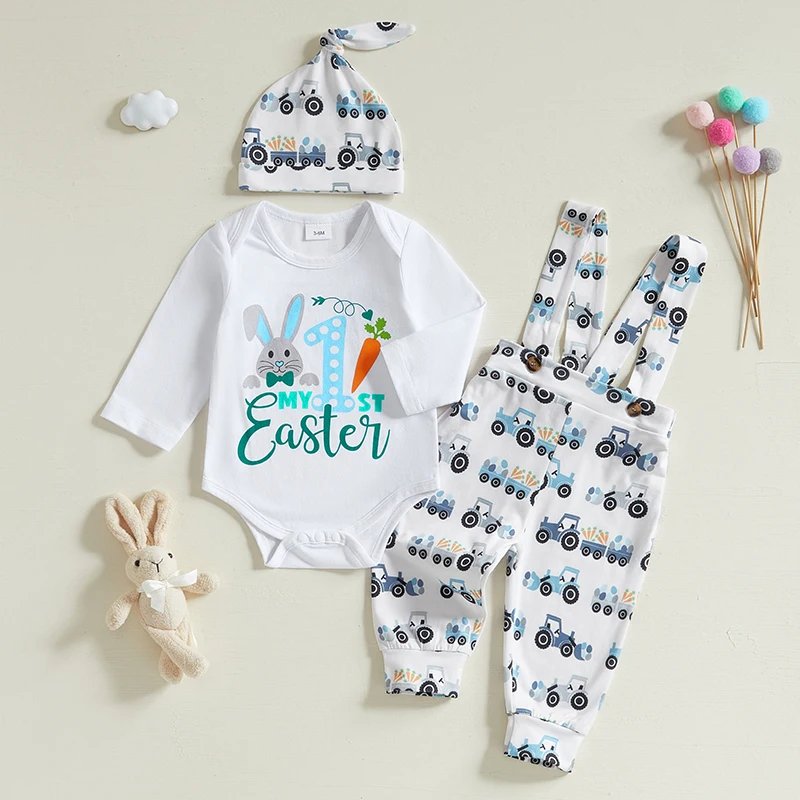 Easter Bunny Baby Boy Outfit with Long Sleeve Romper Suspender Pants and Knotted Hat - 3 Piece Set for Spring Fun