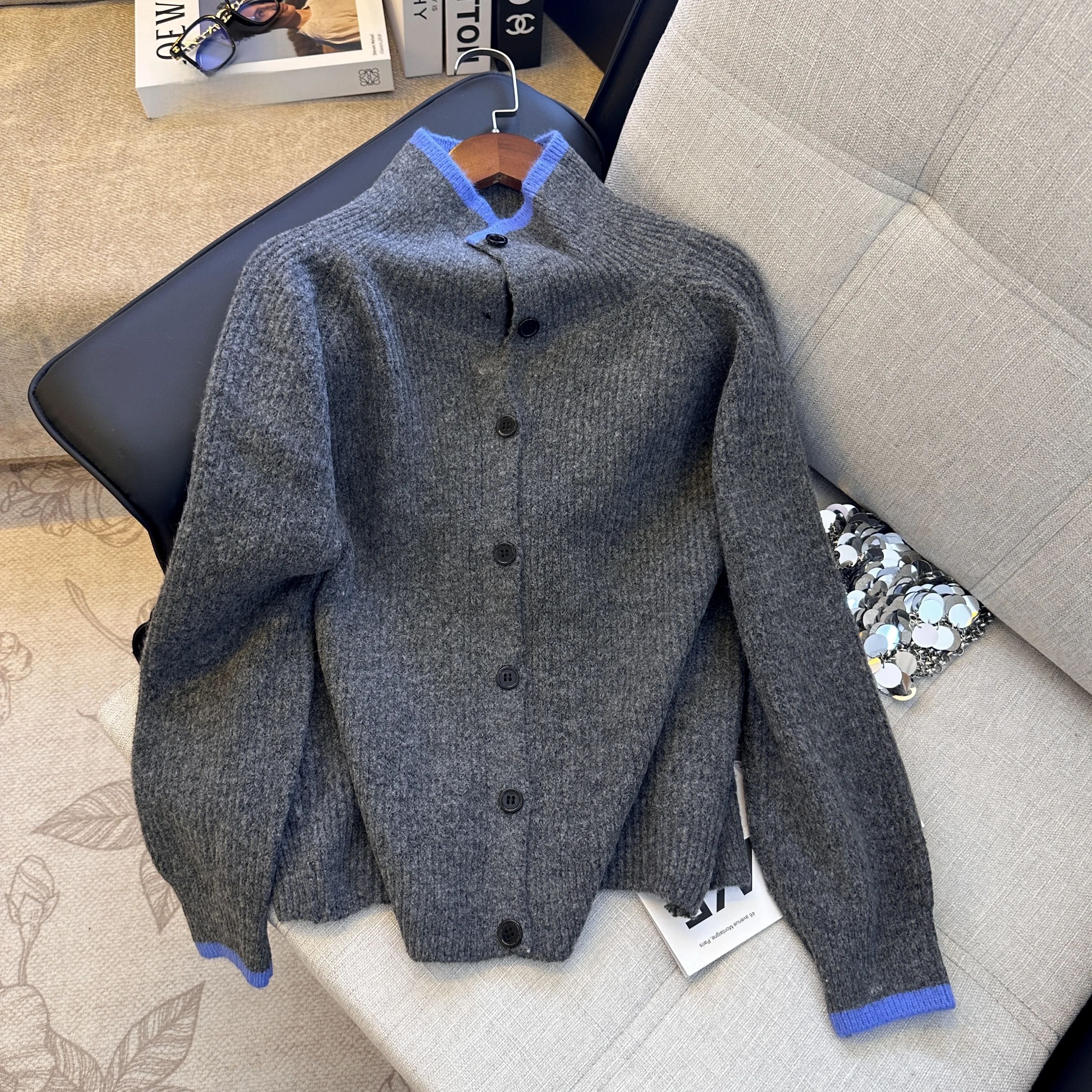 

Корейский вязаный свитер с высоким воротником и одной пуговицей, осень-зима, длинная цветная блузка све, универсальная повседневная одежда для поездок на работу...