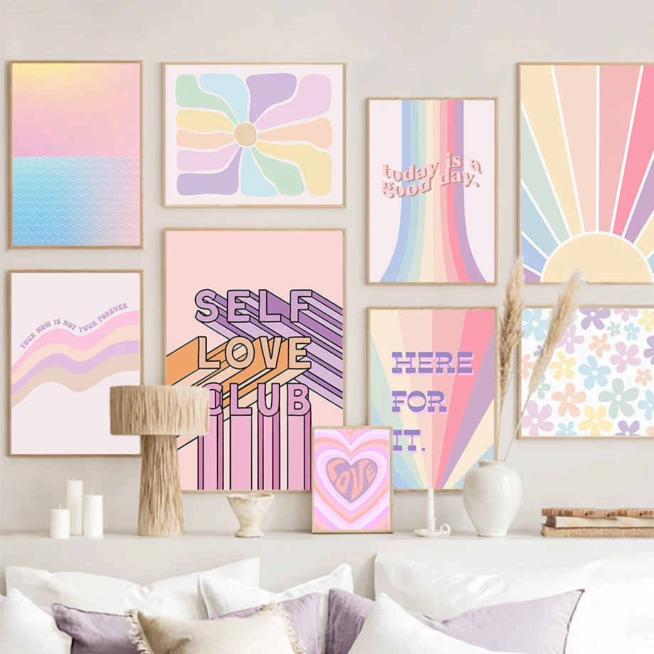 Pastel Y2K Groovy Wall Art Canvas Poster Print Rainbow Heart Retro Typography Abstract Colorful Girls Bedroom Dorm Home Decor