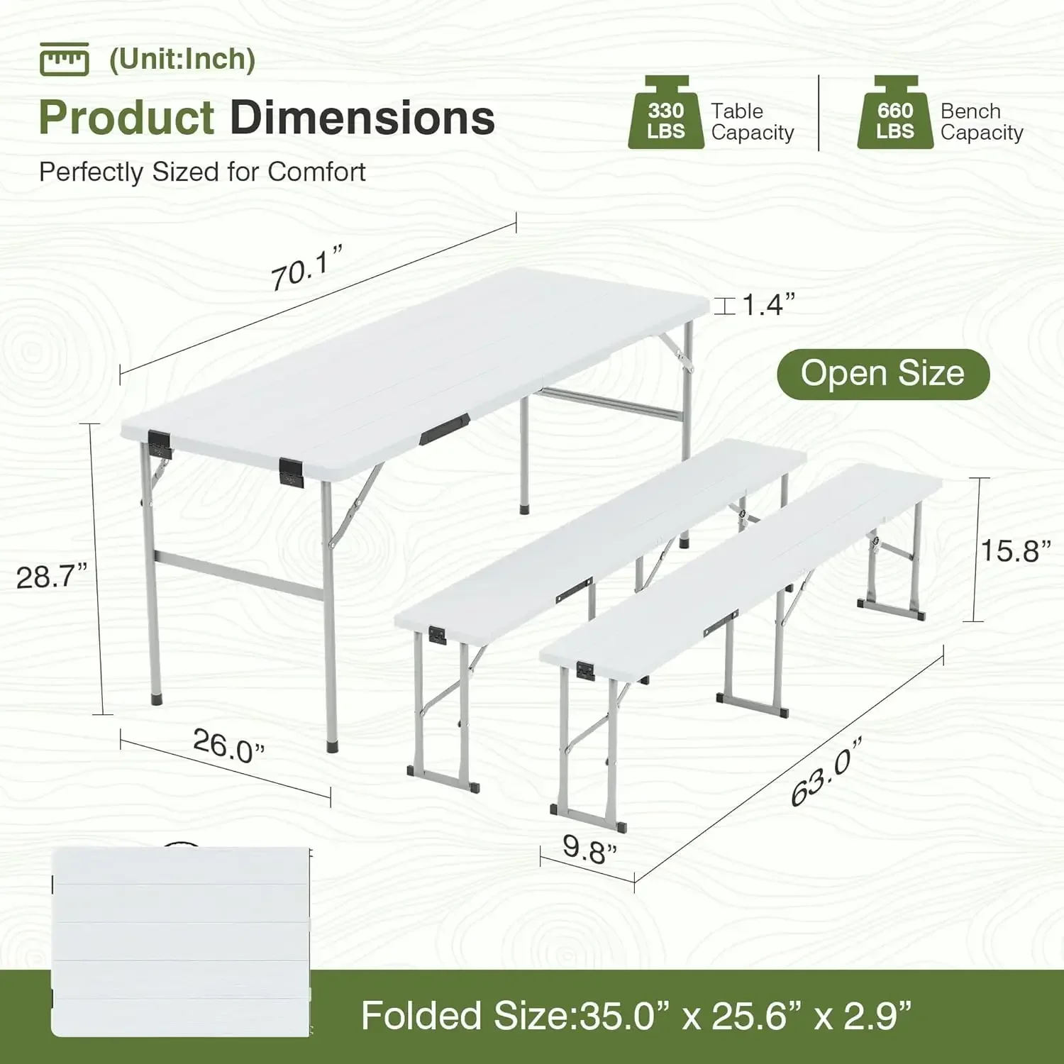 Picnic Table Set with 2 Benches,6 Feet Folding Camping Table Chair Set with Wood Grain Tabletop,3-Piece Outdoor Indoor Portable