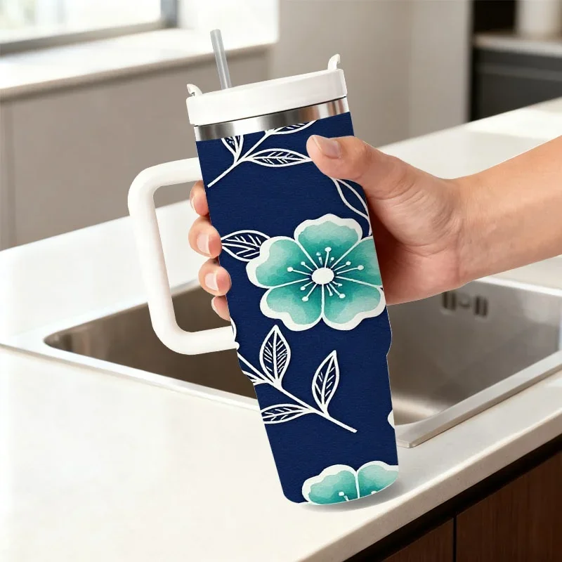 Seamless Teal And White Floral Pattern 40Oz Stainless Steel Insulated Tumbler, Navy Blue Background Botanical Digital Print Travel Mug, for Keeping Drinks Hot Or Cold, Great for Daily Commute, Office Use And Outdoor Trips