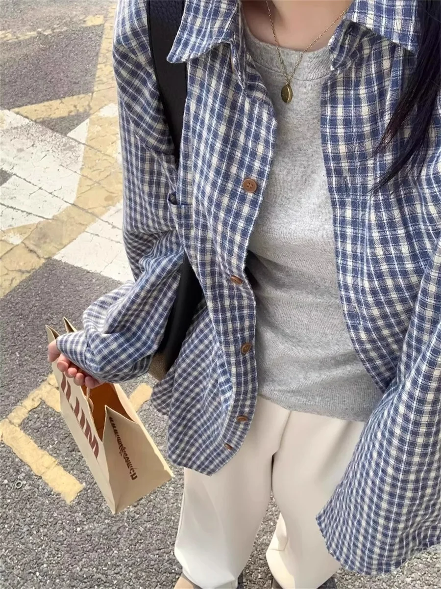 

2025 New Blue Plaid Long-sleeved T-shirt Jaket Women Loose Autumn Thin Sun Protection Blouse Top Korean Commute Fashion Clothes