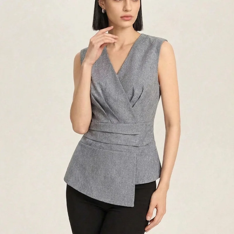 Pure Color Vest Women's Sleeveless Waist-Cinching Overhead Shirt Independent Station Style Commute Wind Short Length Inner Wear