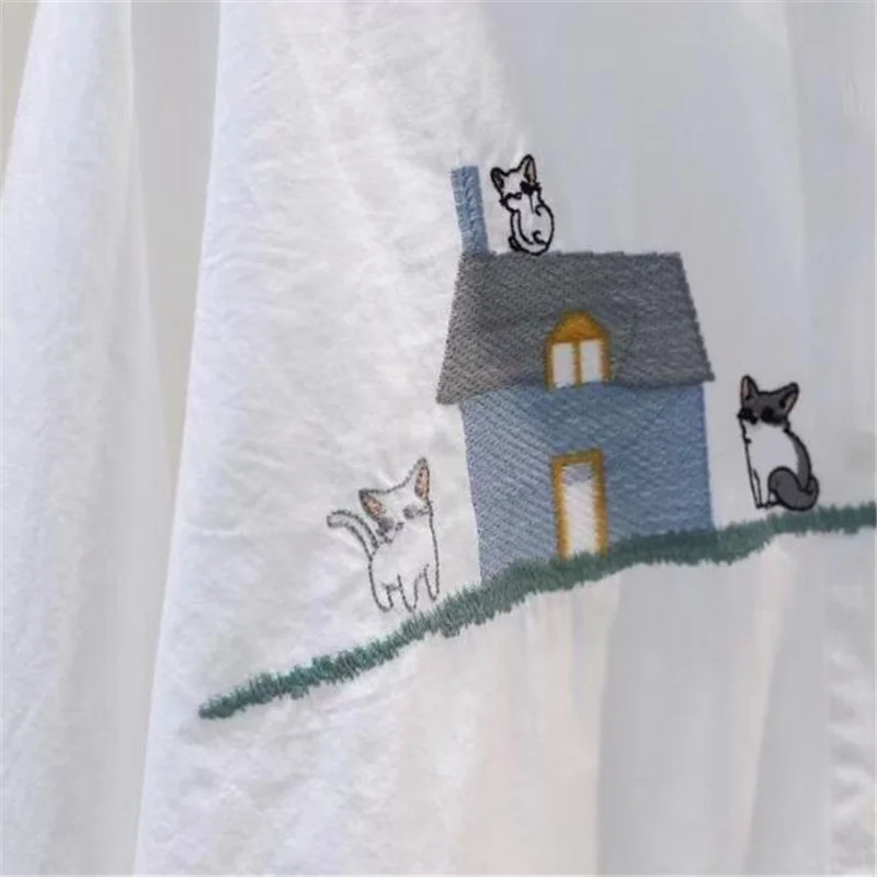 Trendy Embroidery Blouses Women Cotton Shirt Cartoon Top For Women Doll Neck Loose Long-sleeved Cardigan Shirt Female Blous