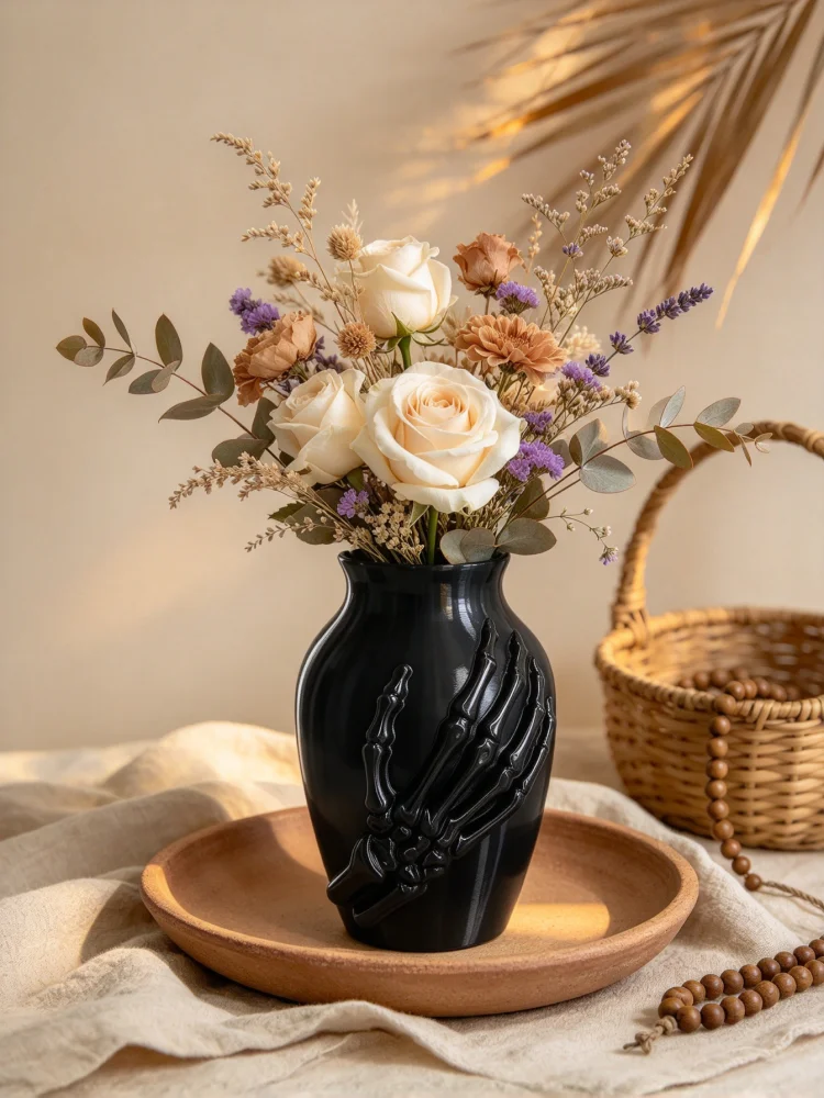 Petg Material 3D Printed Black Skeleton Hand-Shaped Vase, with Three-Dimensional Skeleton Hand Relief Details, Layered Printed Texture, Smooth and Refined Surface, Integrated Oval-Shaped Opening, Classic Vase Shape, Gothic Luxury Dark Aesthetic, Elegant Modern Style, Halloween Creative Floral Decoration, 15cm High, Lightweight and Shatterproof, Suitable for Placing Dried Pampas Grass, Fresh Flowers, for Living Room, Bedroom, Bathroom, Office, Tabletop, Dining Table, and Soft Decoration